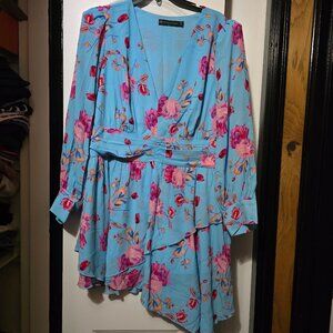 Fashion To Figure Sky Blue High-low Midi Dress W Pink Floral Design Plus Size 0